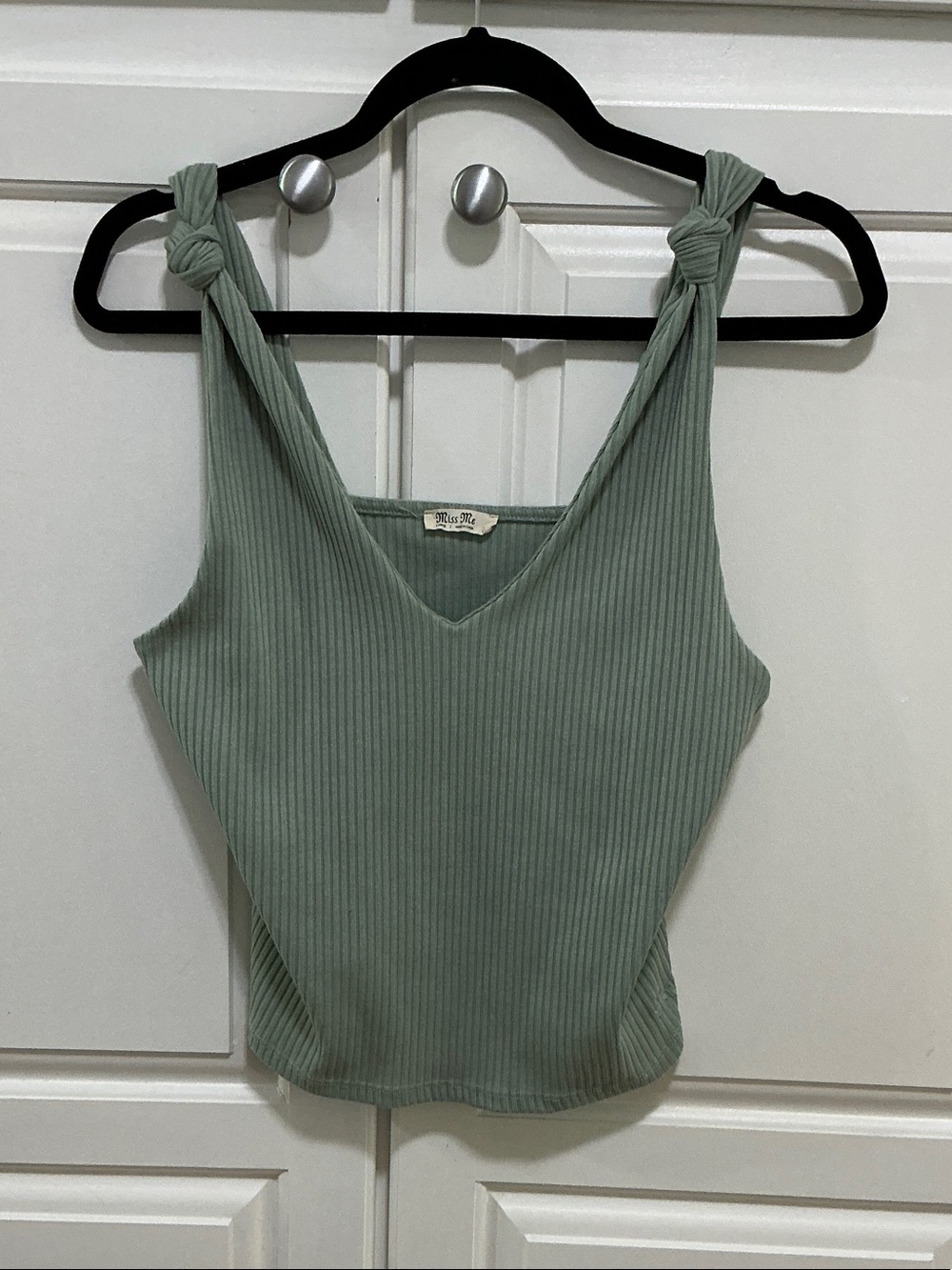 Miss Me Sage Green Ribbed Knot-Shoulder Tank